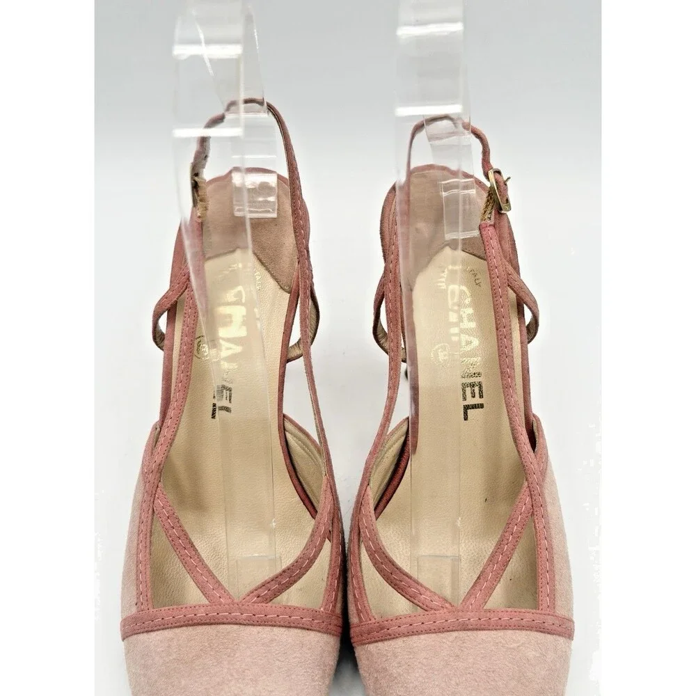 Chanel Pink Suede Slingback Heels Vintage Cap Toe Y2K Size EU 37.5